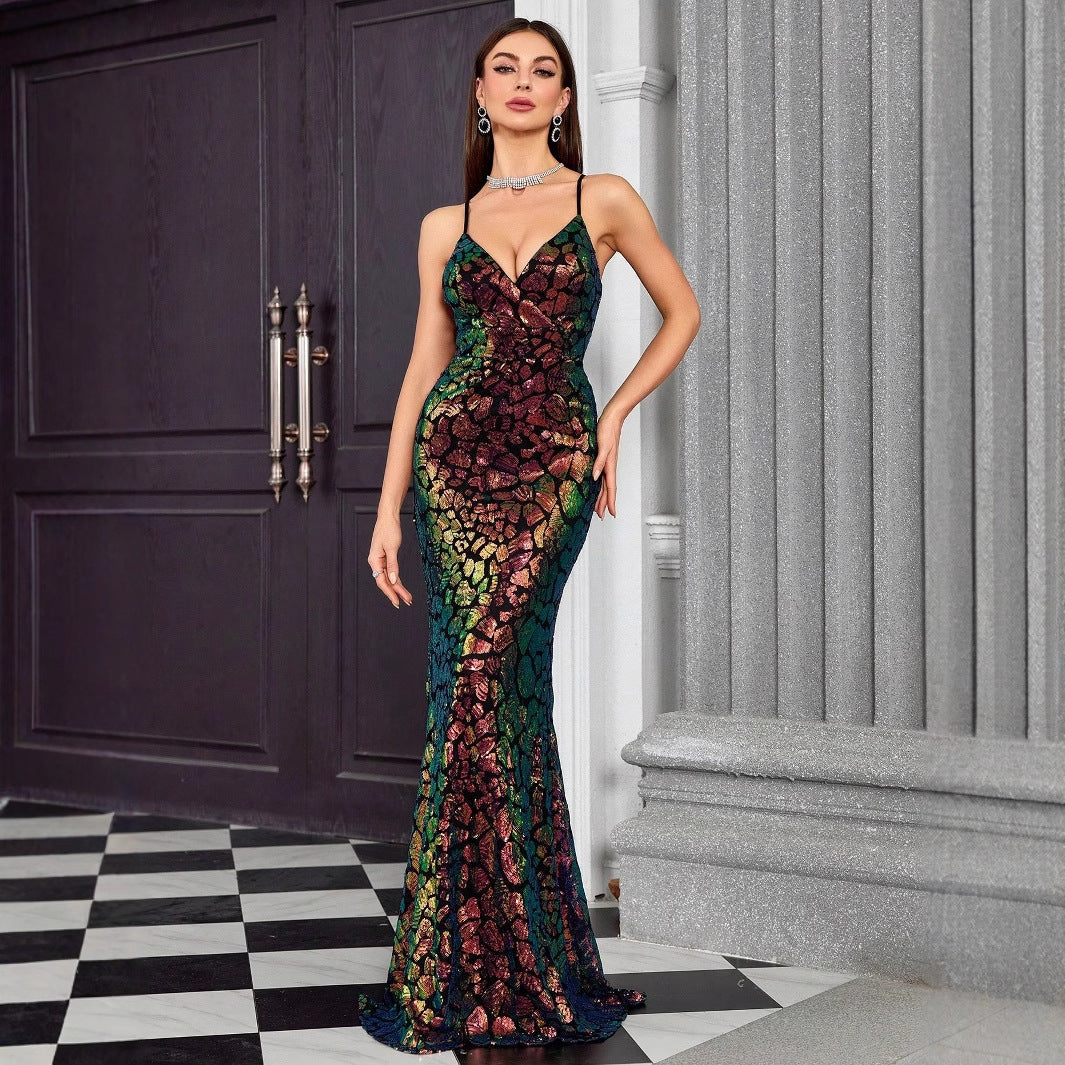 Sequin Spaghetti Strap Deep V-Neck Mermaid Maxi Gown