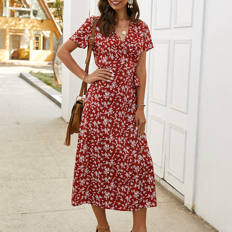 Floral Print V-Neck Flutter Sleeve Wrap Midi Dress