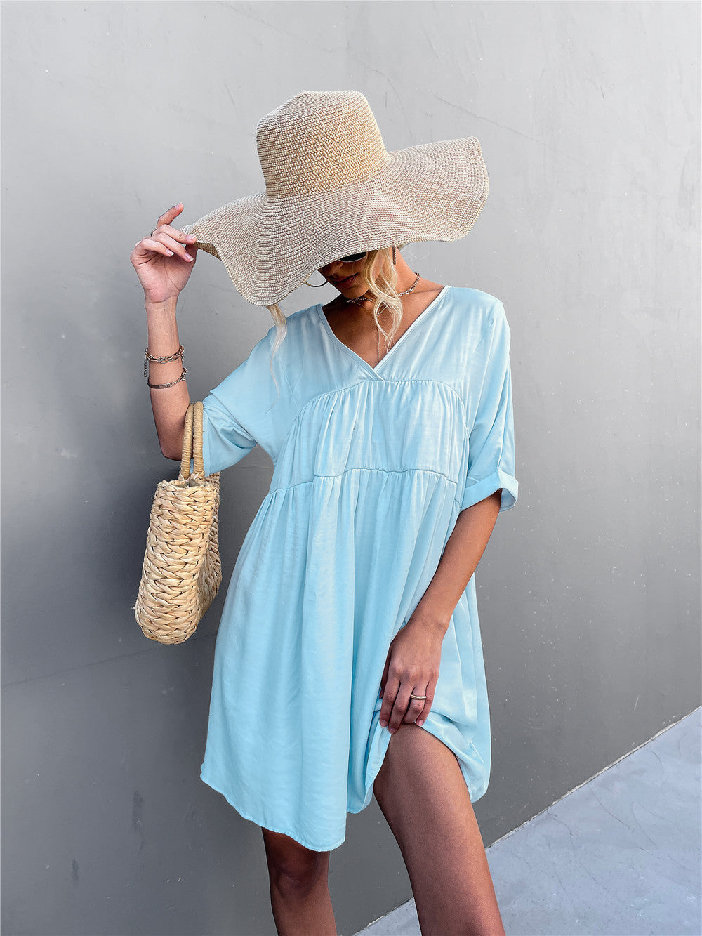 V-Neck Short Sleeve Babydoll Mini Dress