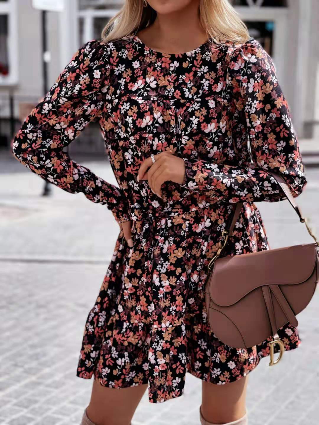 Floral Long Sleeve High Neck Tiered Ruffle Mini Dress - View 2