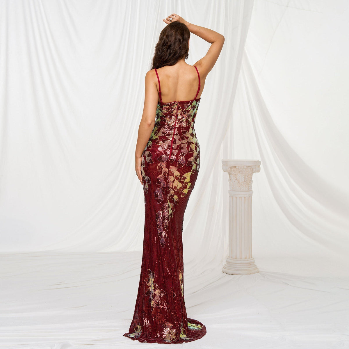 Sequin Floral Spaghetti Strap Square Neck Mermaid Evening Gown - View 5
