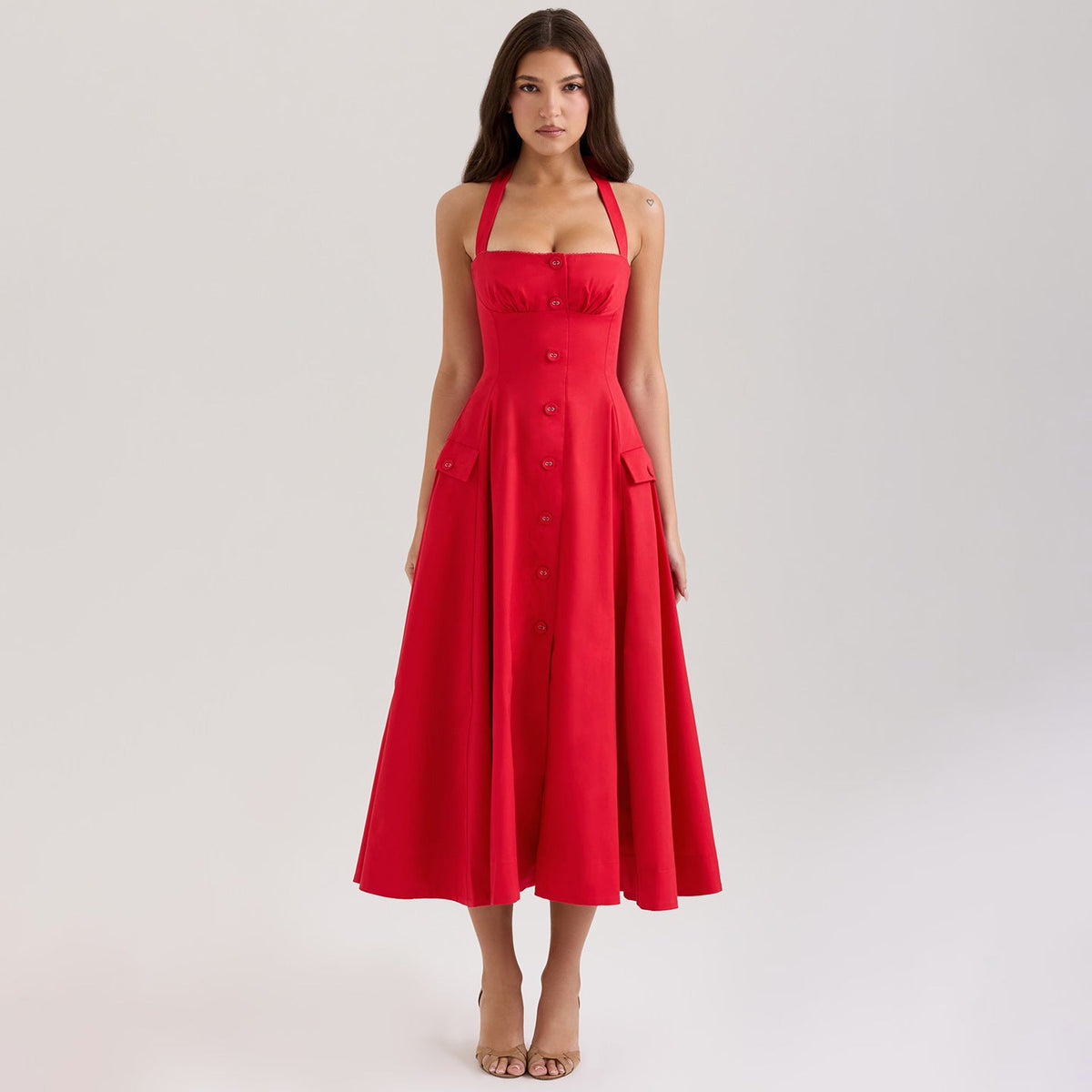 Halter Sweetheart Button-Front Flared Midi Dress
