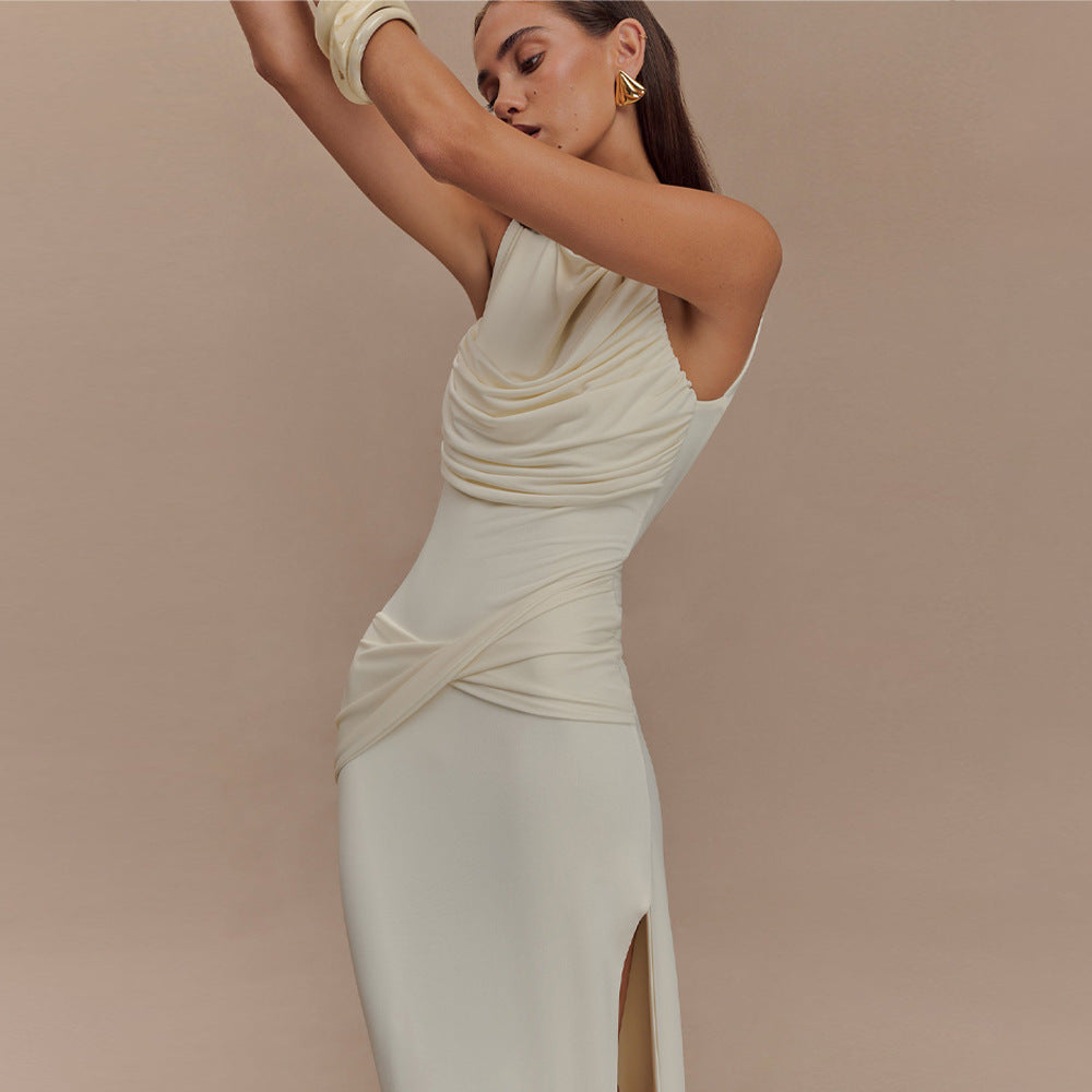 Ruched Boat Neck Draped Side-Slit Column Maxi Gown 4