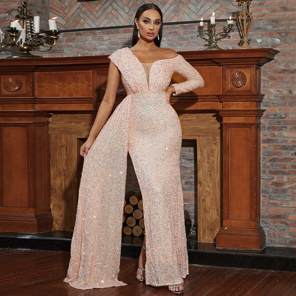 Sequin One Shoulder Long Sleeve High Split Maxi Evening Dress