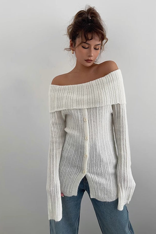 Off Shoulder Ruched Sweater with Buttoned Front Detail