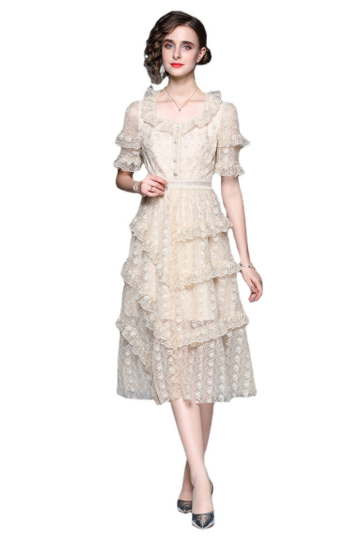Lace Puff Sleeve Ruffle Tiered Midi Dress