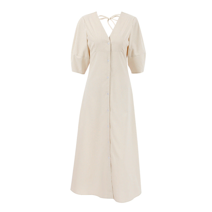 Linen V-Neck Button-Front Puff-Sleeve Midi Dress 11