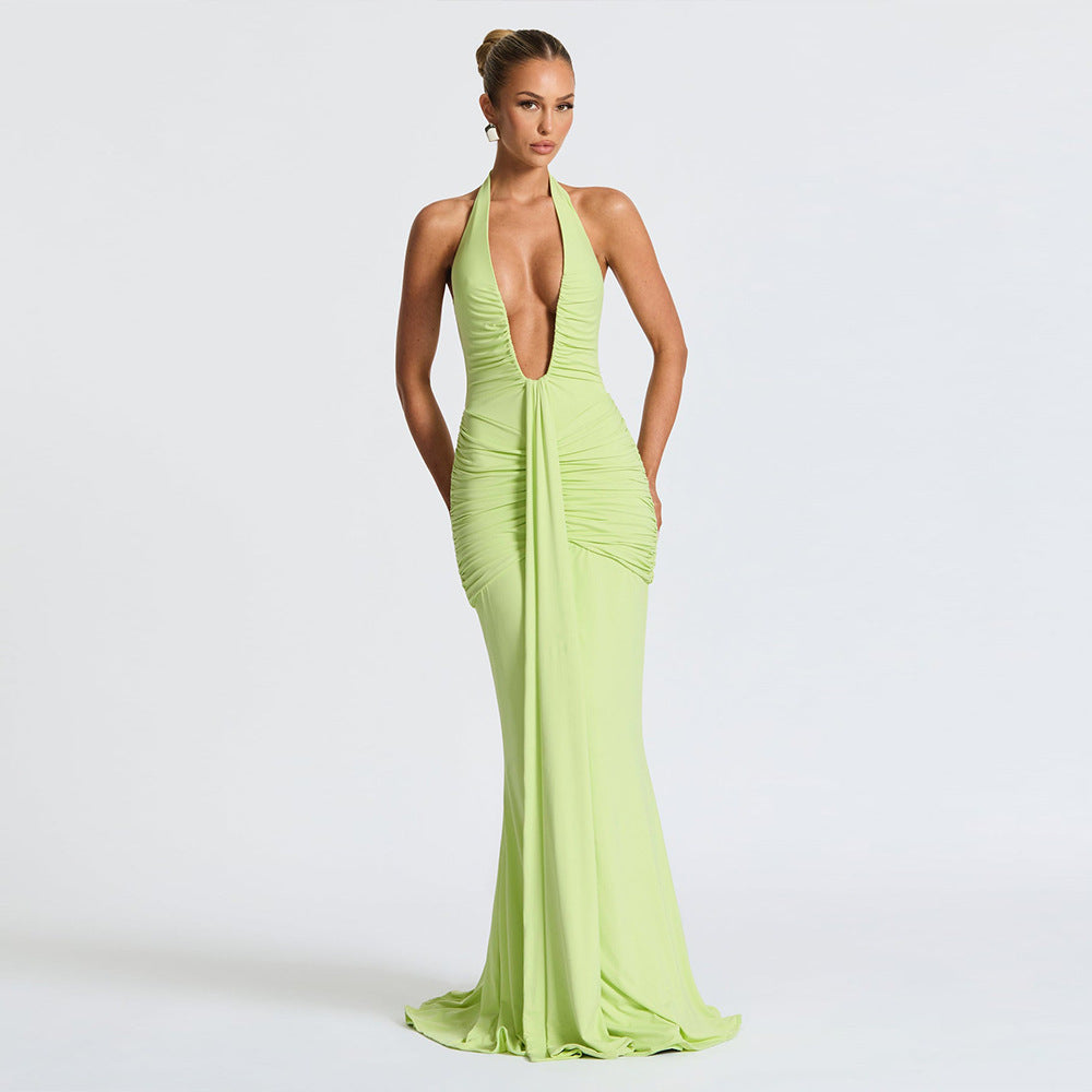 Plunge Halter-Neck Ruched Fishtail Mermaid Gown