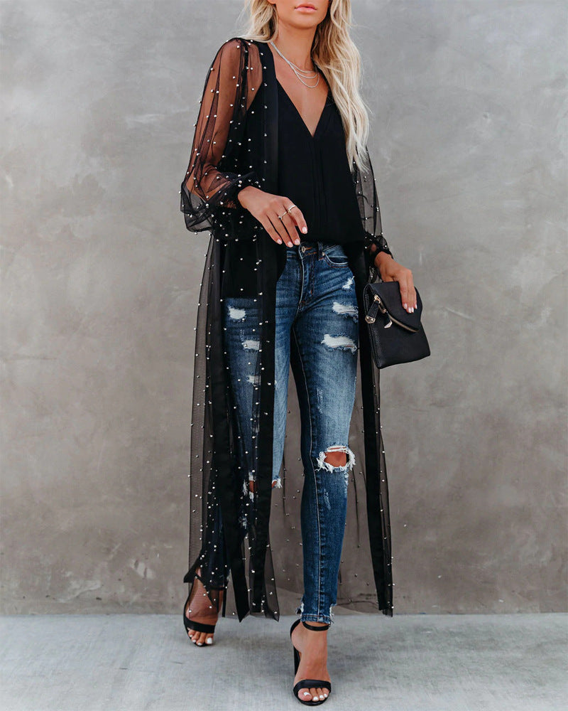 Black Starry Sheer Sequin Duster Kimono Fashionpara