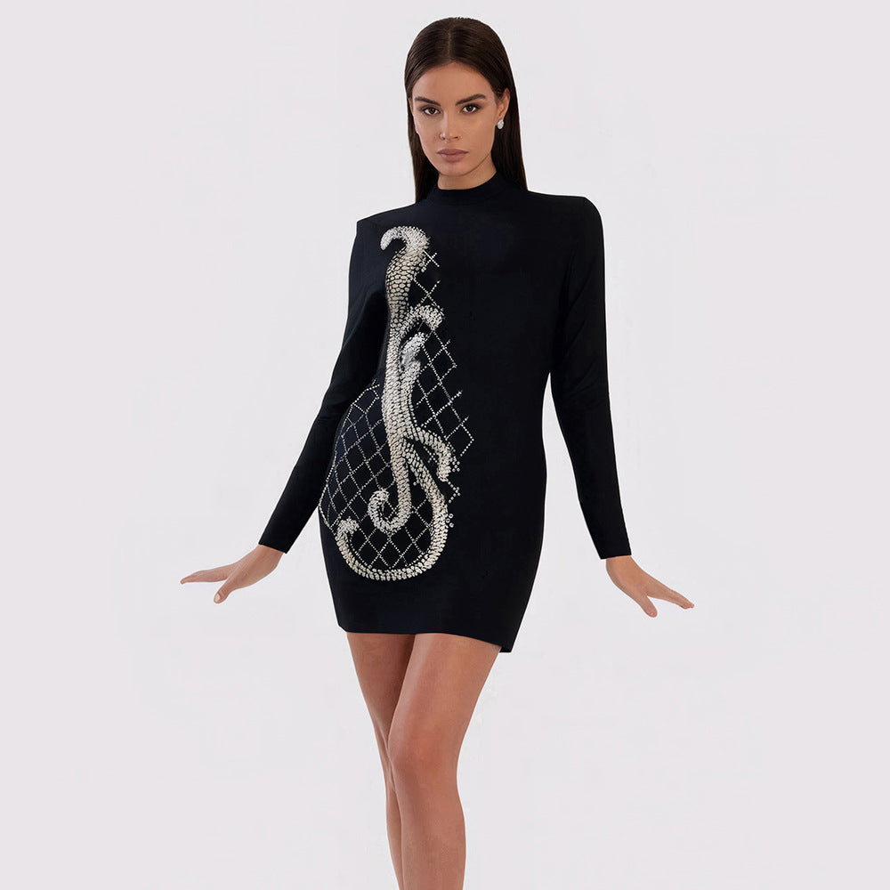 Heavy Embroidery Drilling Long Sleeve Bandage Dress Slimming Hip Wrapped Dinner Party Dress - Fashionpara