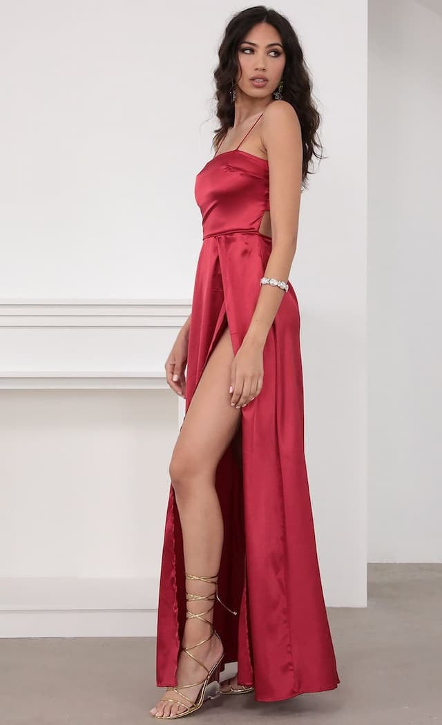 Satin Straight Neckline Double Split Maxi Dress 3