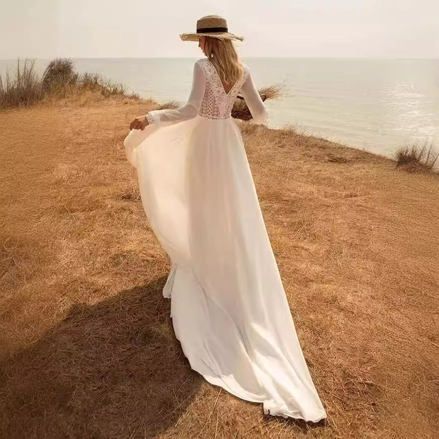 Deep V-Neck Long Sleeve Bridal Wedding Dress