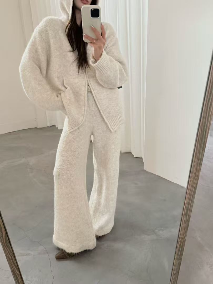 Thick Knit Hooded Cardigan and Wide-Leg Pants Set