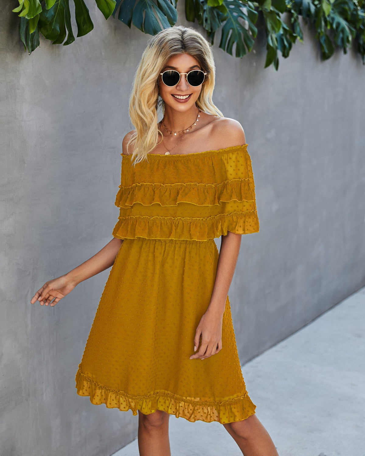 Swiss Dot Off Shoulder Ruffle Mini Dress