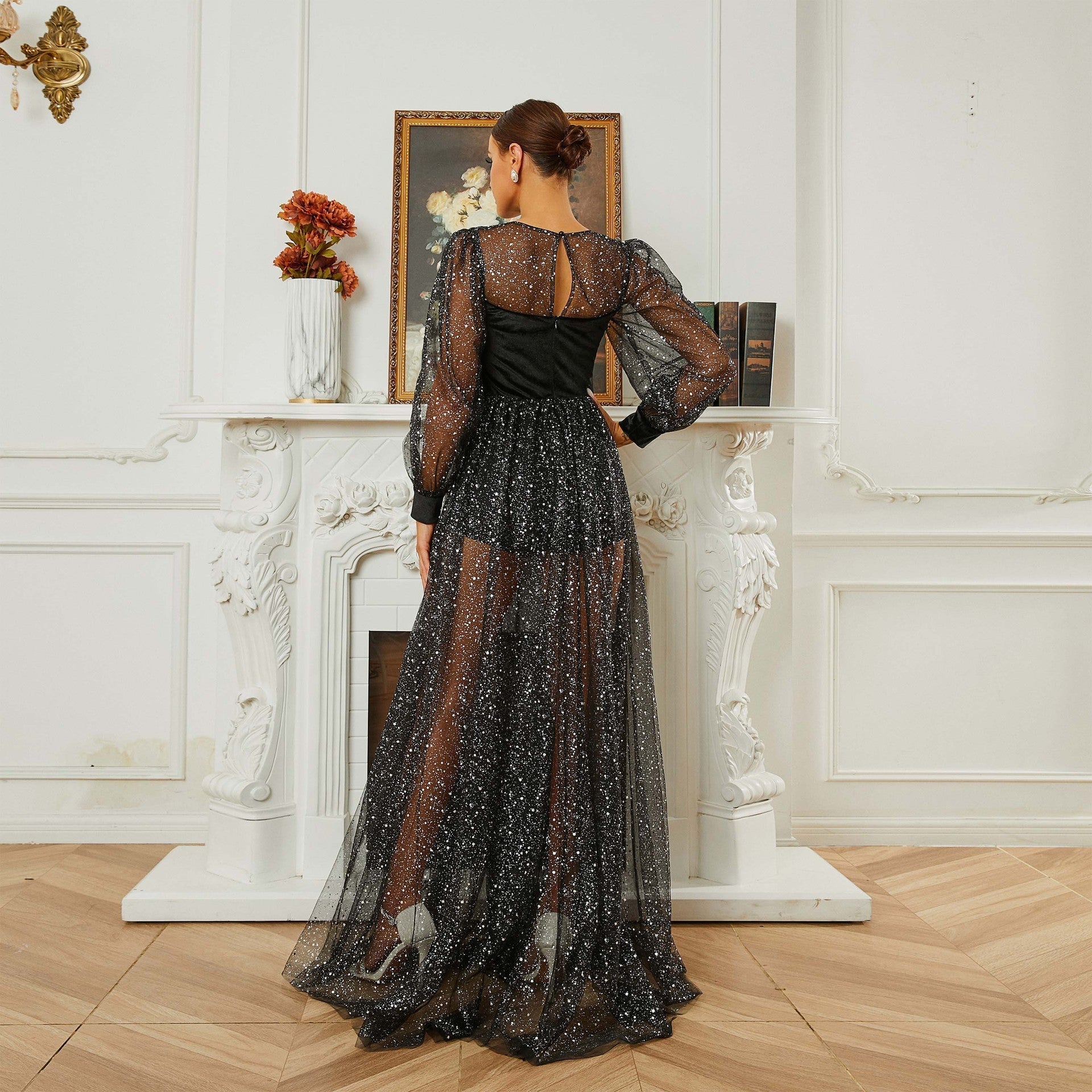 Long Sleeved round Neck Cocktail Sequin Gauze Large Swing Evening Dress Bridesmaid - Fashionpara