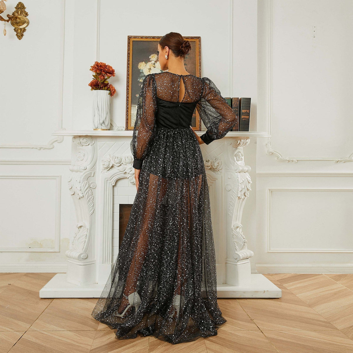 Glitter Round Neck Puff Sleeve Sheer Tulle A-Line Maxi Dress - View 3