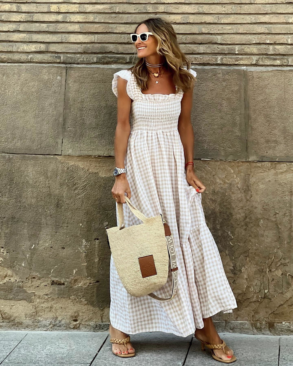 Gingham Square Neck Smocked Ruffle Strap Tiered Maxi Dress 4