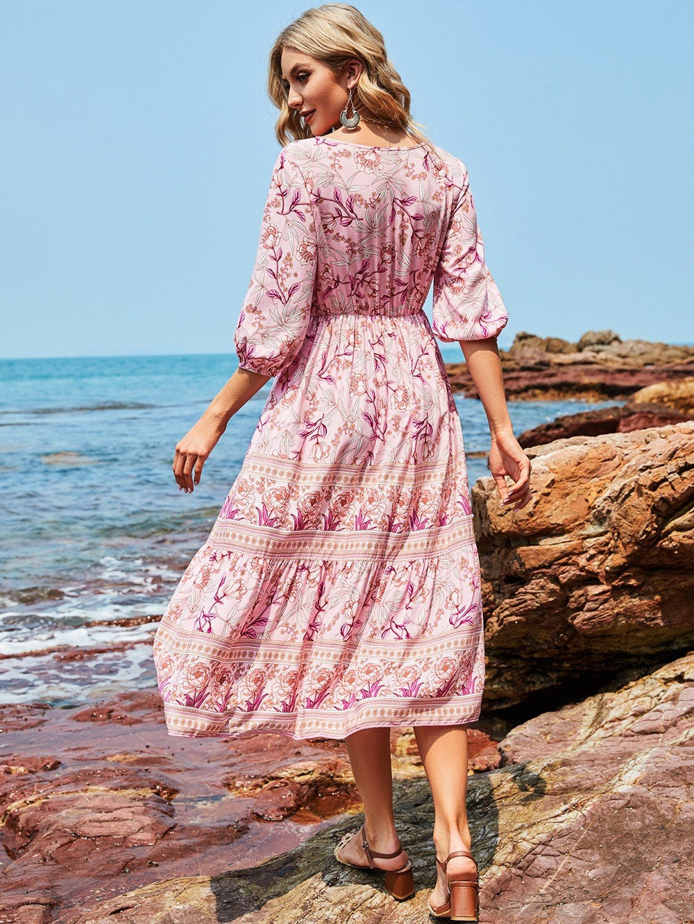 Floral Print V-Neck Tiered Boho Midi Dress
