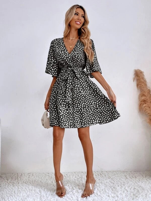 Printed V-Neck Flutter Sleeve Wrap Mini Dress