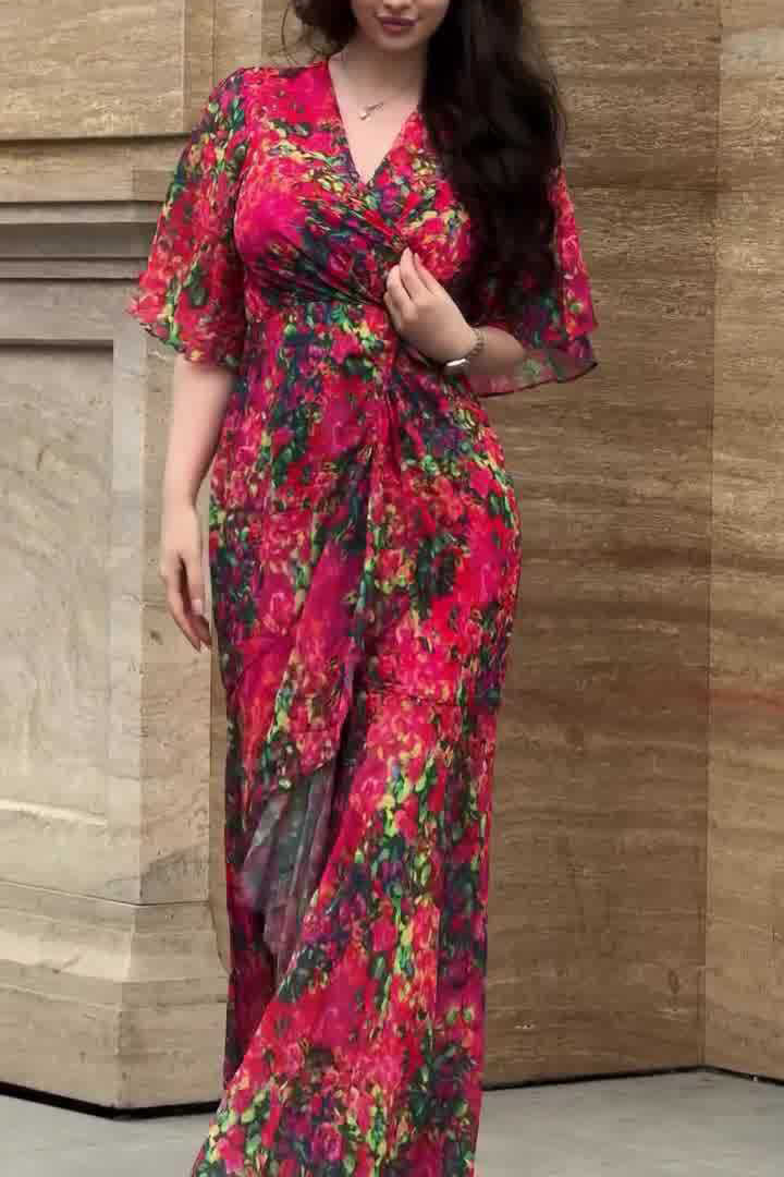 Unrestrained rose red printed short-sleeved long dress