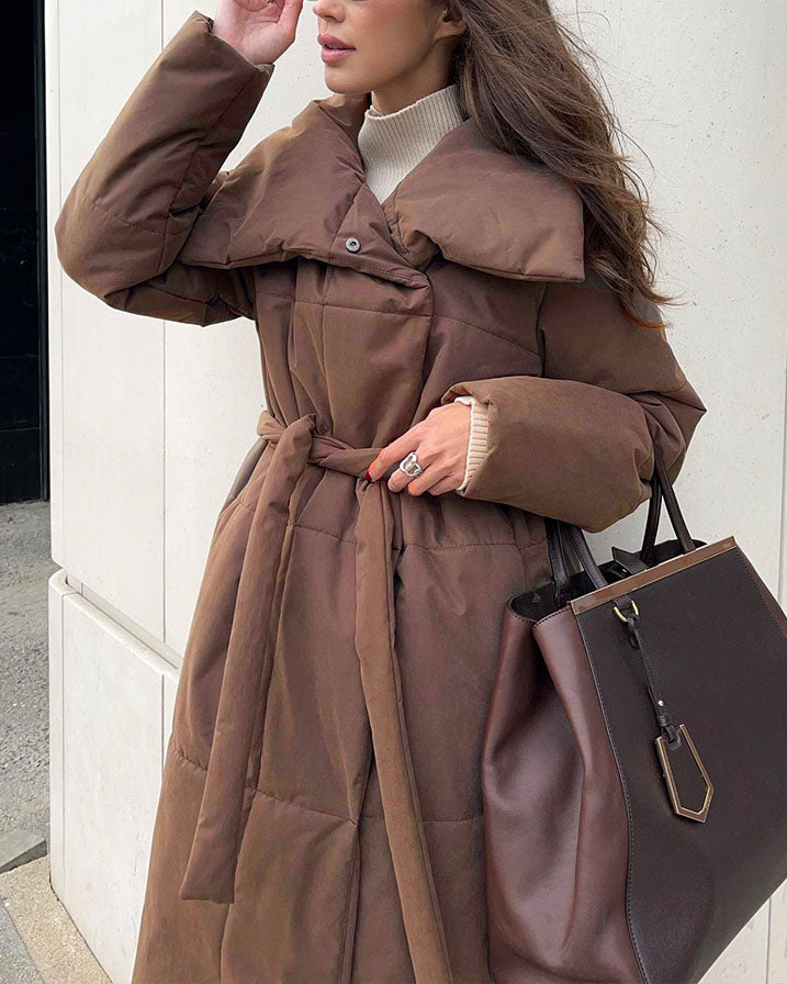 Elegant Long Cotton Coat with Large Lapel and Belt