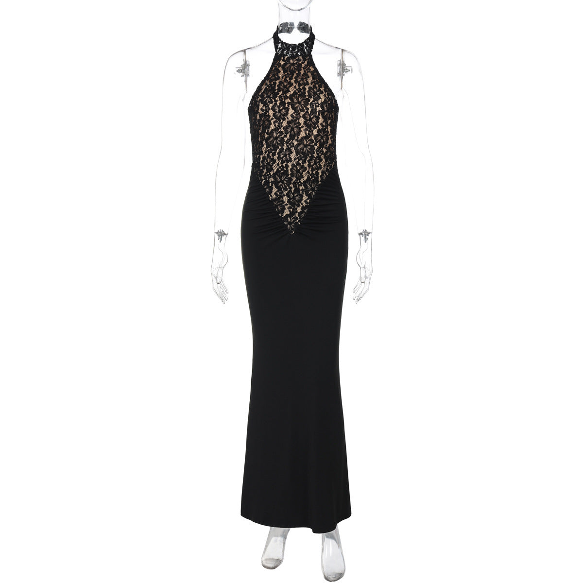 Halter Floral Lace Panel Ruched Bodycon Dress 7