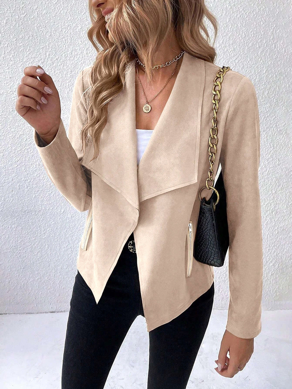 Chic Suede Collar Cropped Long Sleeve Jacket for Stylish Layers