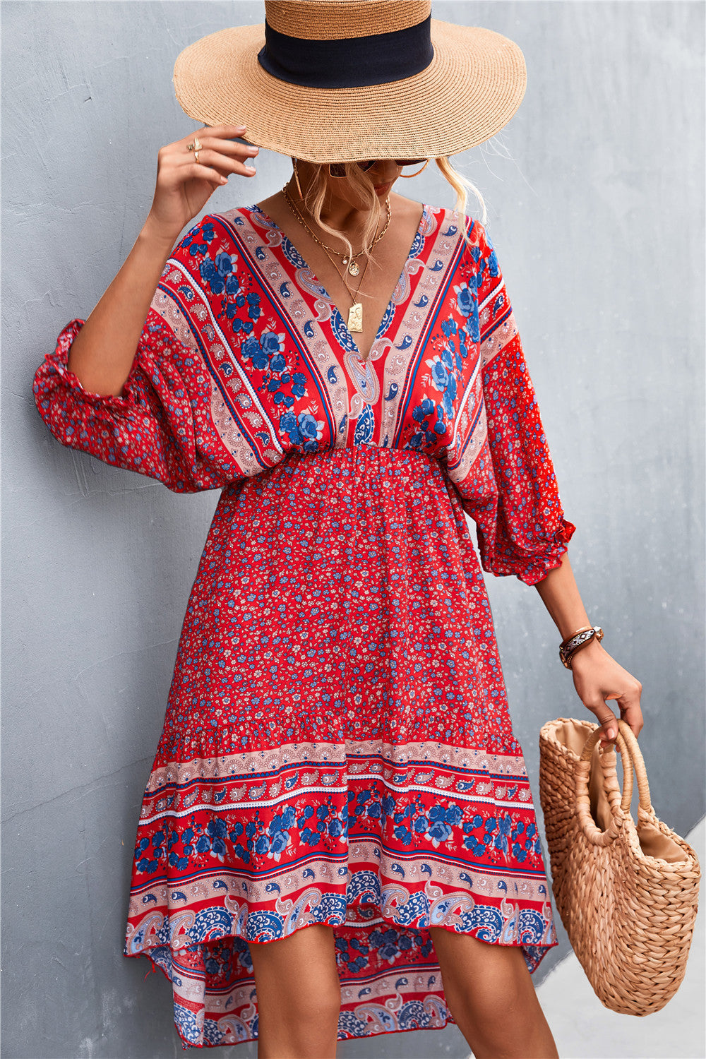 Floral Print V-Neck Puff Sleeve Mini Dress 2