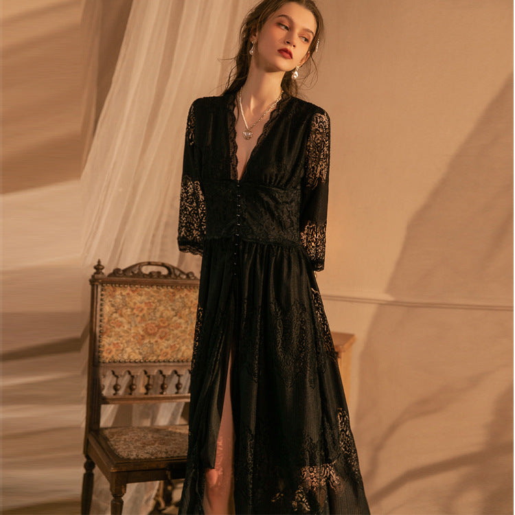 Lace V-Neck Long Sleeve High Slit Maxi Dress 2