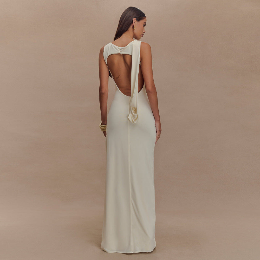 Ruched Boat Neck Draped Side-Slit Column Maxi Gown 2