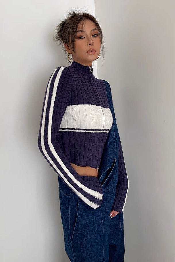 Zip Detail Contrast Cable Knit Cardigan for Elegant Style