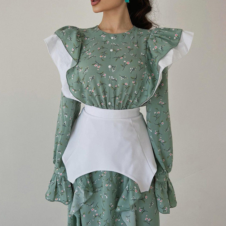 French Design Long Sleeve Dress Detachable Waist Seal Casual Floral Dress - Fashionpara