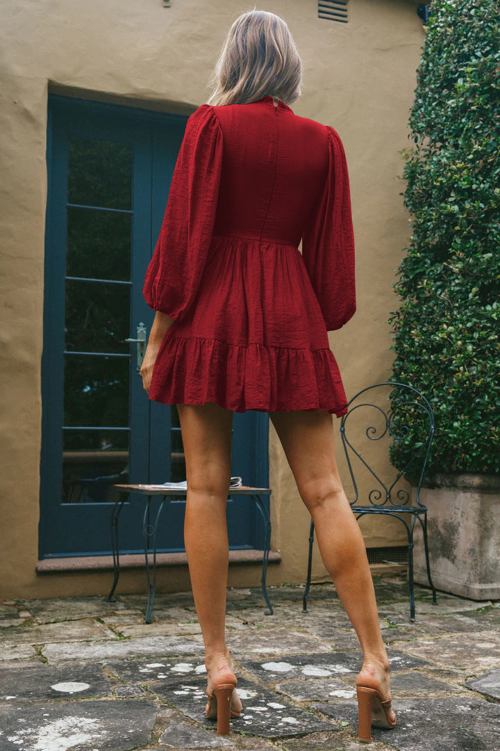 Smocked High Neck Long Sleeve Tiered Fit & Flare Mini Dress
