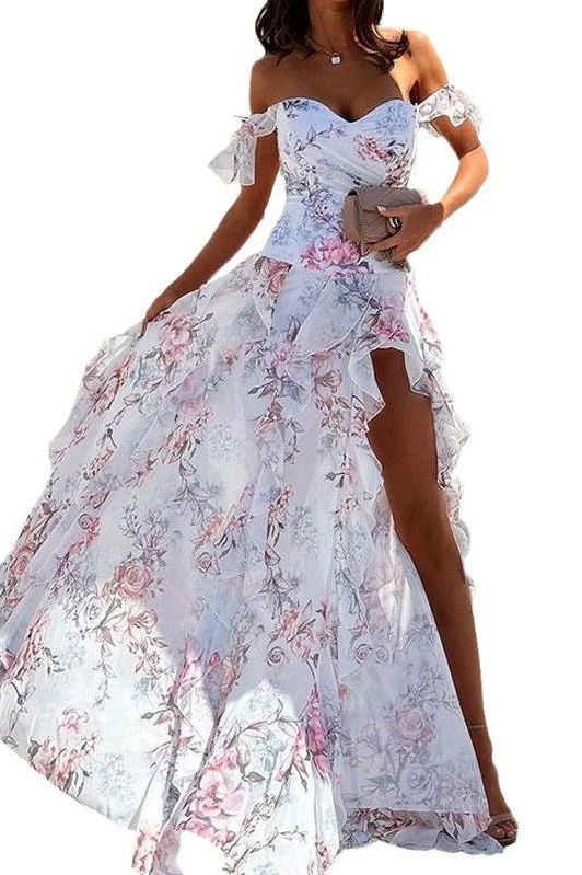 Floral Print Off-Shoulder Ruffle High Slit Maxi Gown 6