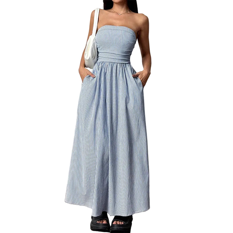Striped Strapless Smocked Waist Tube Maxi Dress