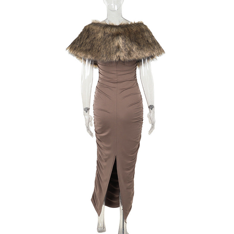 Faux-Fur Stole Off-Shoulder Ruched Bodycon Maxi Dress 8