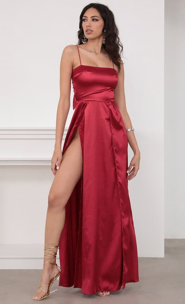 Satin Straight Neckline Double Split Maxi Dress 2