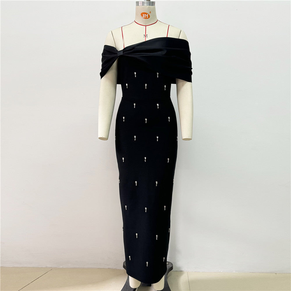 Off Shoulder Sculptural Fold Satin Bodice Beaded Column Maxi Gown - View 2