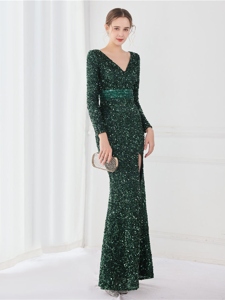 Sequin V-Neck Long Sleeve High-Slit Mermaid Gown