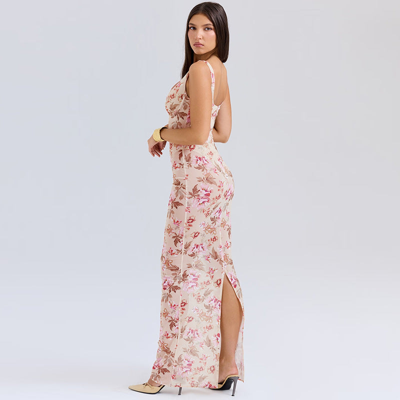 Floral Print Deep V-Neck Fitted Party Dress