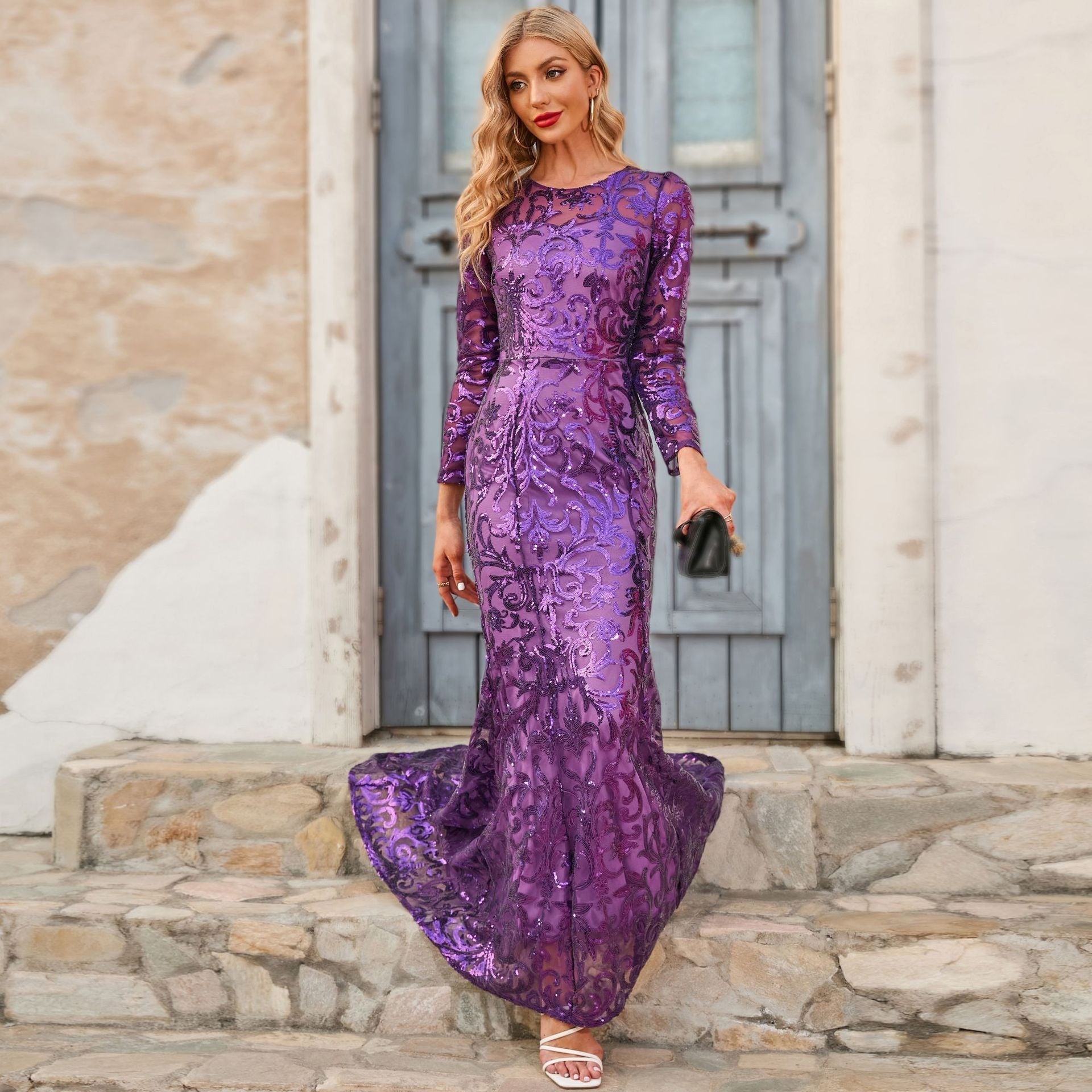 Sequined Dress Purple Crew-Neck Long Evening Dress Long Sleeve Dress - Fashionpara