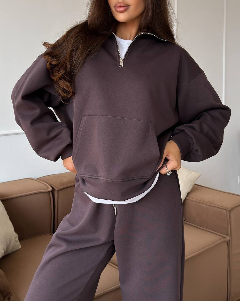 Zippered Half-High Collar Pullover and Wide-Leg Pants Set