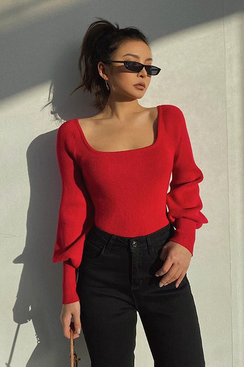 Elegant Ribbed Crop Sweater with Scoop Neck by Orro Shop