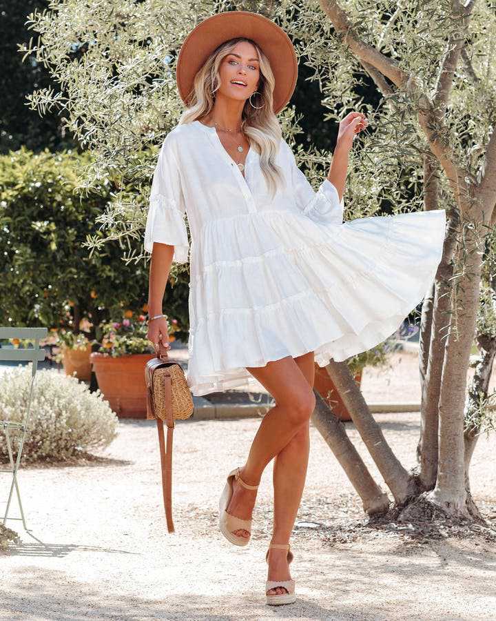 Woodbury Cotton Embroidered Babydoll Dress - Off White - Fashionpara