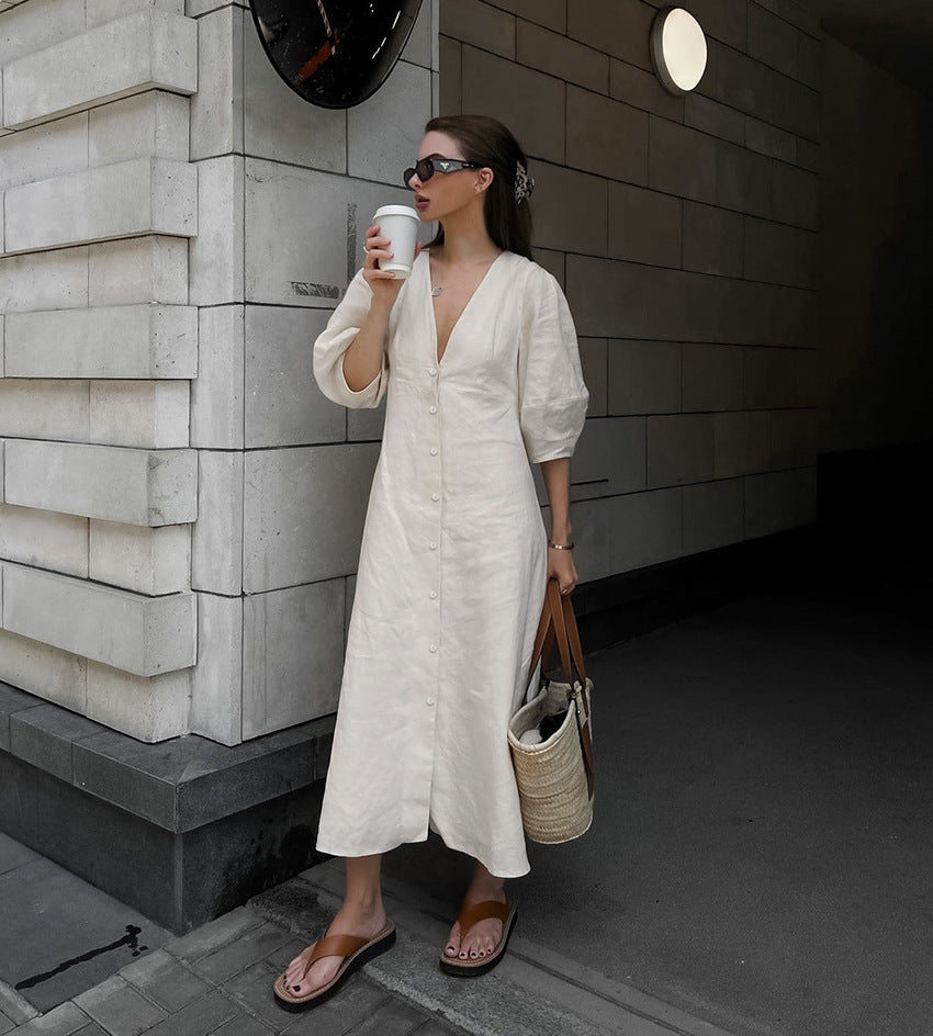 Linen V-Neck Button-Front Puff-Sleeve Midi Dress