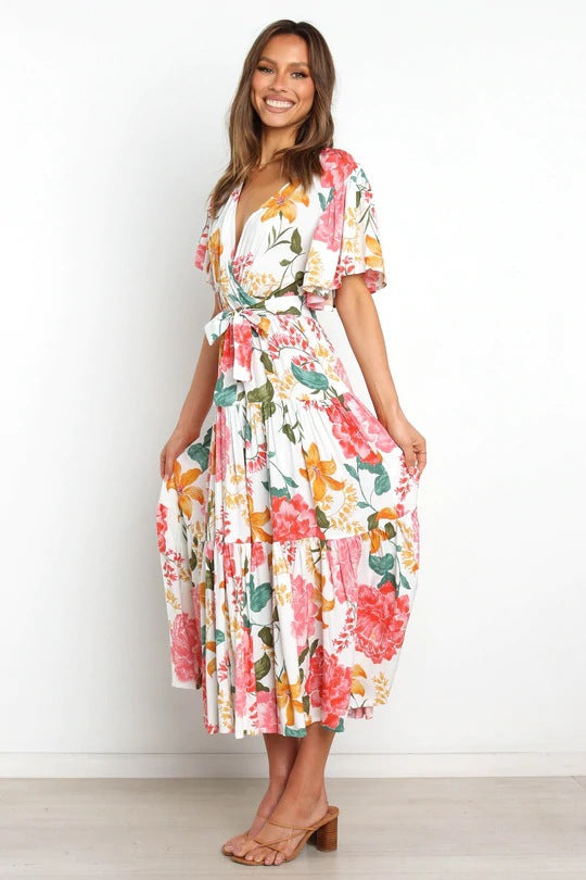 Floral Print V-Neck Flutter Sleeve Tiered Midi Dress 2