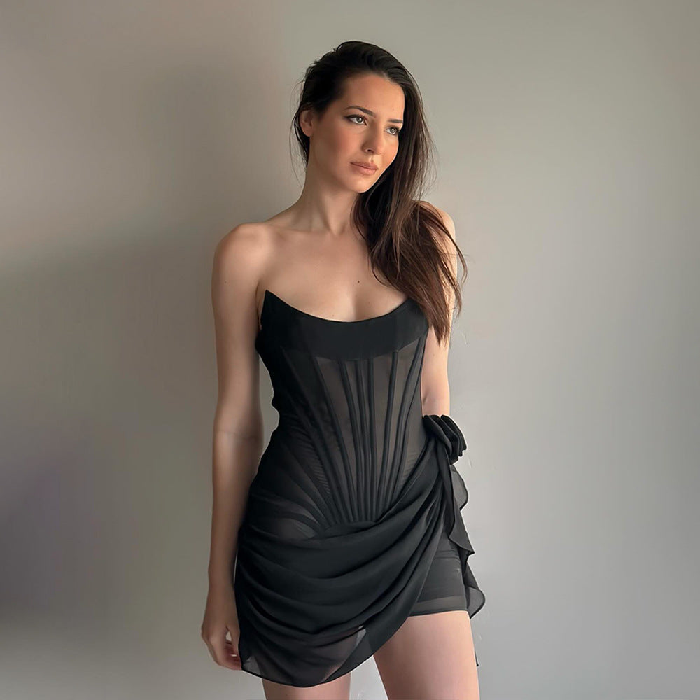 Mesh Strapless Corset Draped Bustier Mini Dress