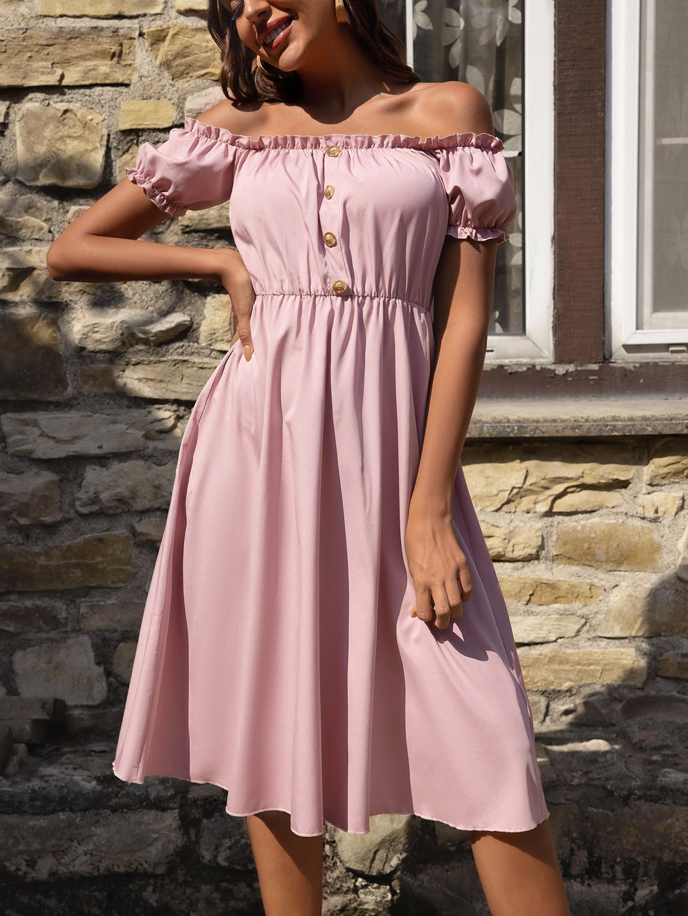 Mathis Pocketed Off The Shoulder Puff Sleeve Dress - Fashionpara