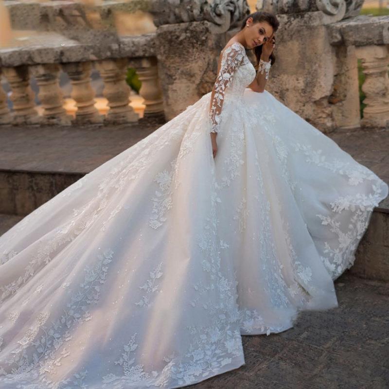 Round Neck Long Sleeve Sheer Wedding Dress