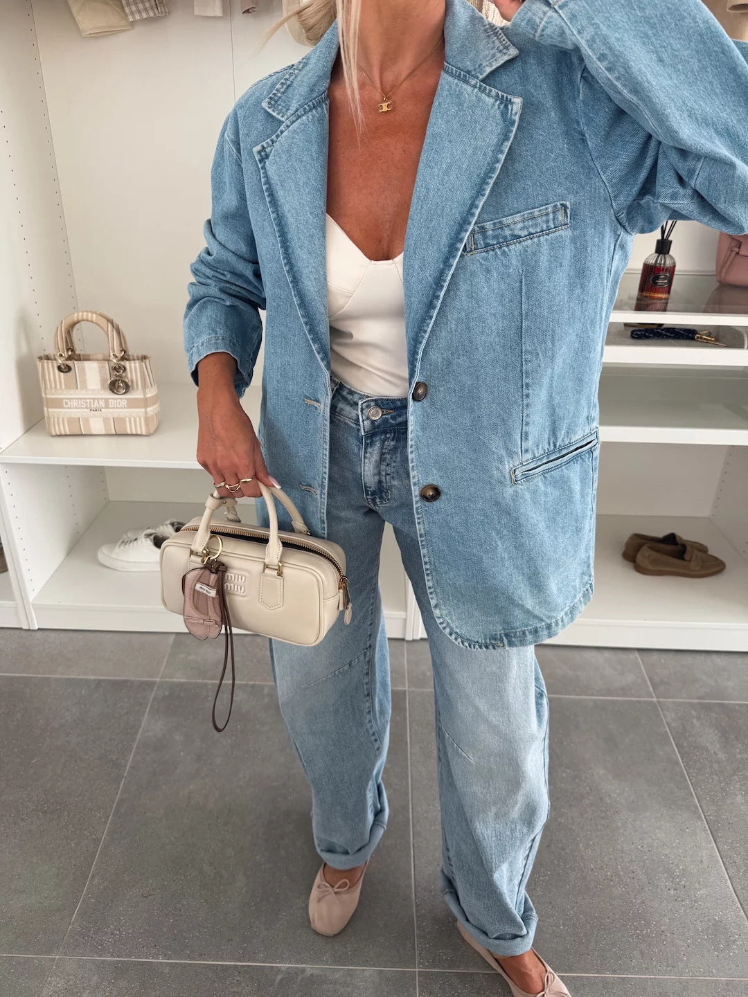 Stylish Loose Fit Washed Blue Denim Suit Jacket for All Occasions